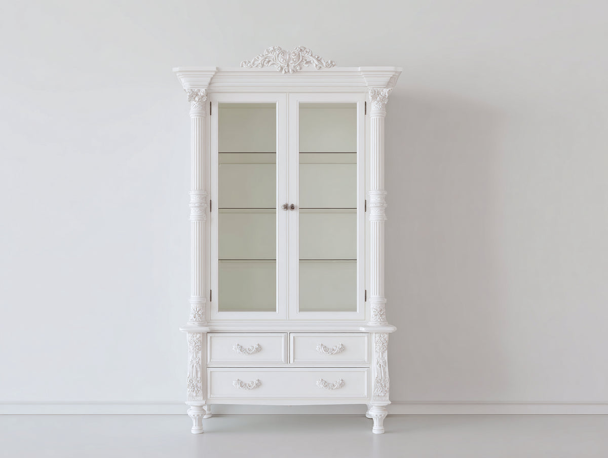 Vitrine Holzwerkstoff weiß 100x40x190 cm - klassisches Design mit Glastüren und Schubladen