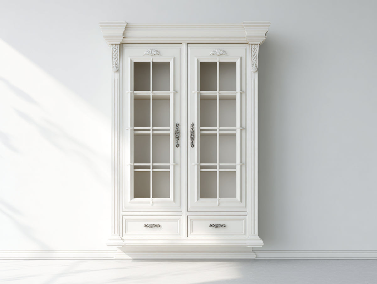Vitrine aus Holz und Glas 105 x 42 x 190 cm - Cremeweiß - Klassischer Landhausstil mit 2 Glastüren und 2 Schubladen