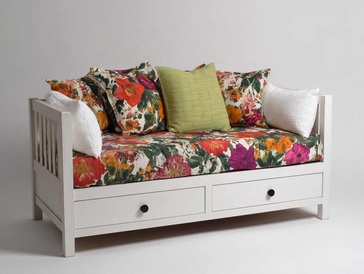 Schlafsofa aus Holz mit Stoffpolsterung 195 x 90 x 85 cm - Weiß und Mehrfarbig - Landhausstil mit 2 Schubladen