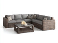 Gartensofa aus Polyrattan mit Stoffpolsterung 285 x 220 x 78 cm - Braun und Grau - Modulares Eckdesign mit Glastisch