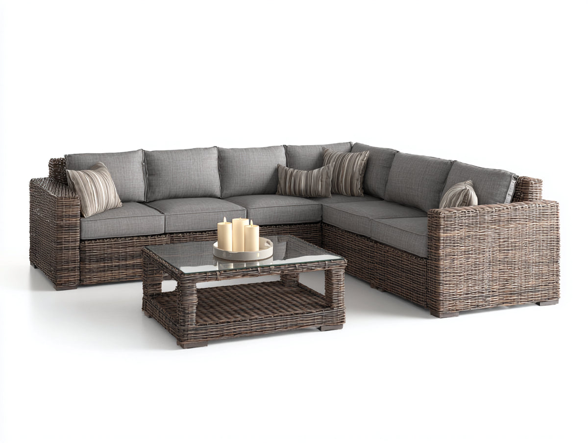 Gartensofa aus Polyrattan mit Stoffpolsterung 285 x 220 x 78 cm - Braun und Grau - Modulares Eckdesign mit Glastisch