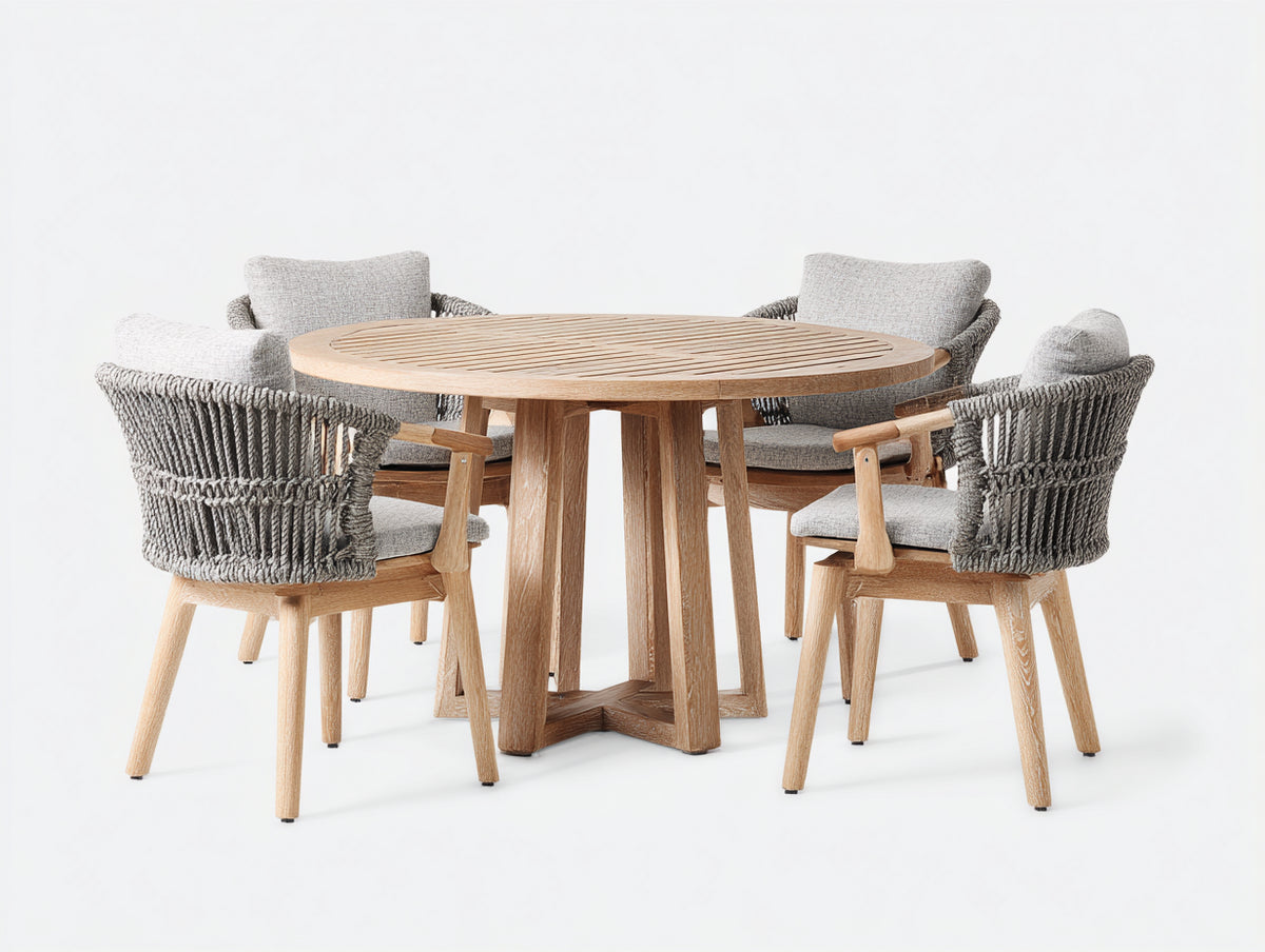 Garten Essgarnituren aus Holz und Seilgeflecht für 4 Personen 120 x 120 x 75 cm - Natur und Grau - Rundes Design mit gepolsterten Armlehnsesseln