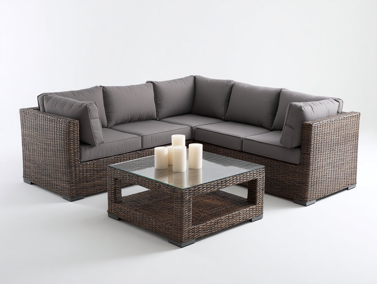 Gartensofa aus Polyrattan mit Stoffpolsterung 235 x 235 x 75 cm - Dunkelbraun und Anthrazit - Quadratisches Eckdesign mit Glastisch